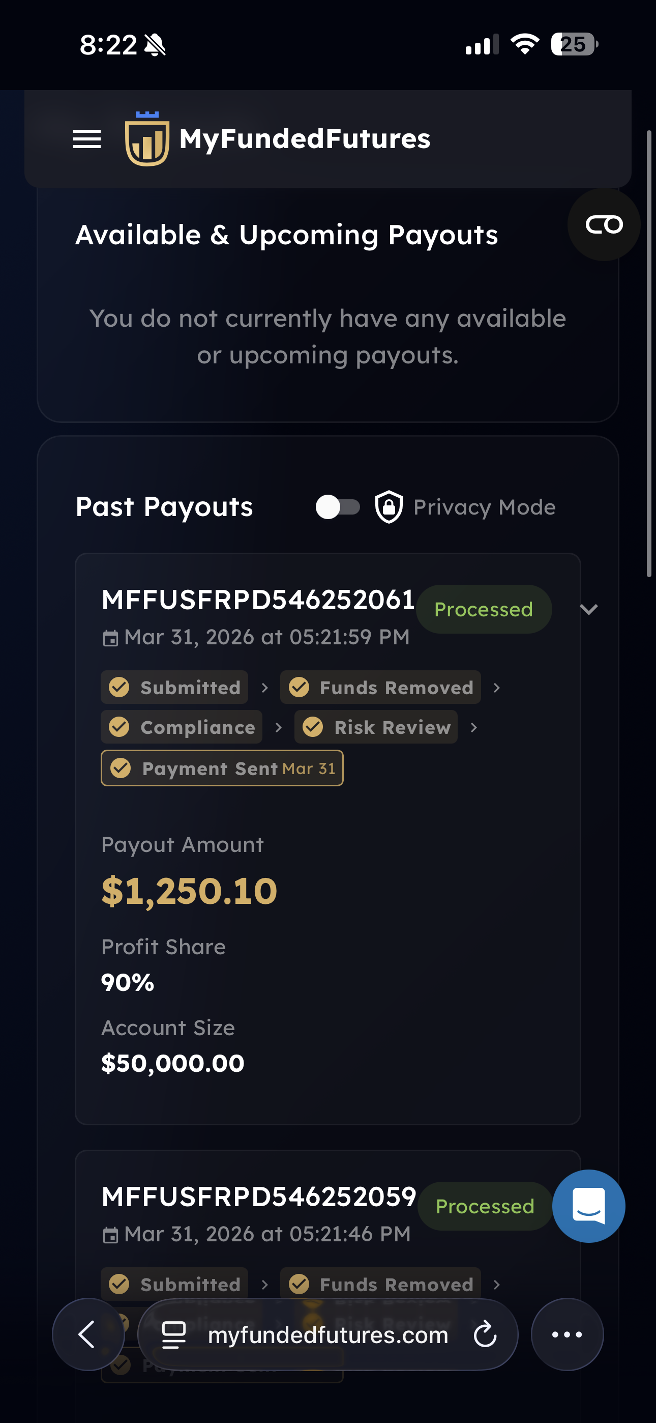 MFF mobile app — $1,250.10 processed payout on Mar 31, 2026 from a $50,000 funded account.