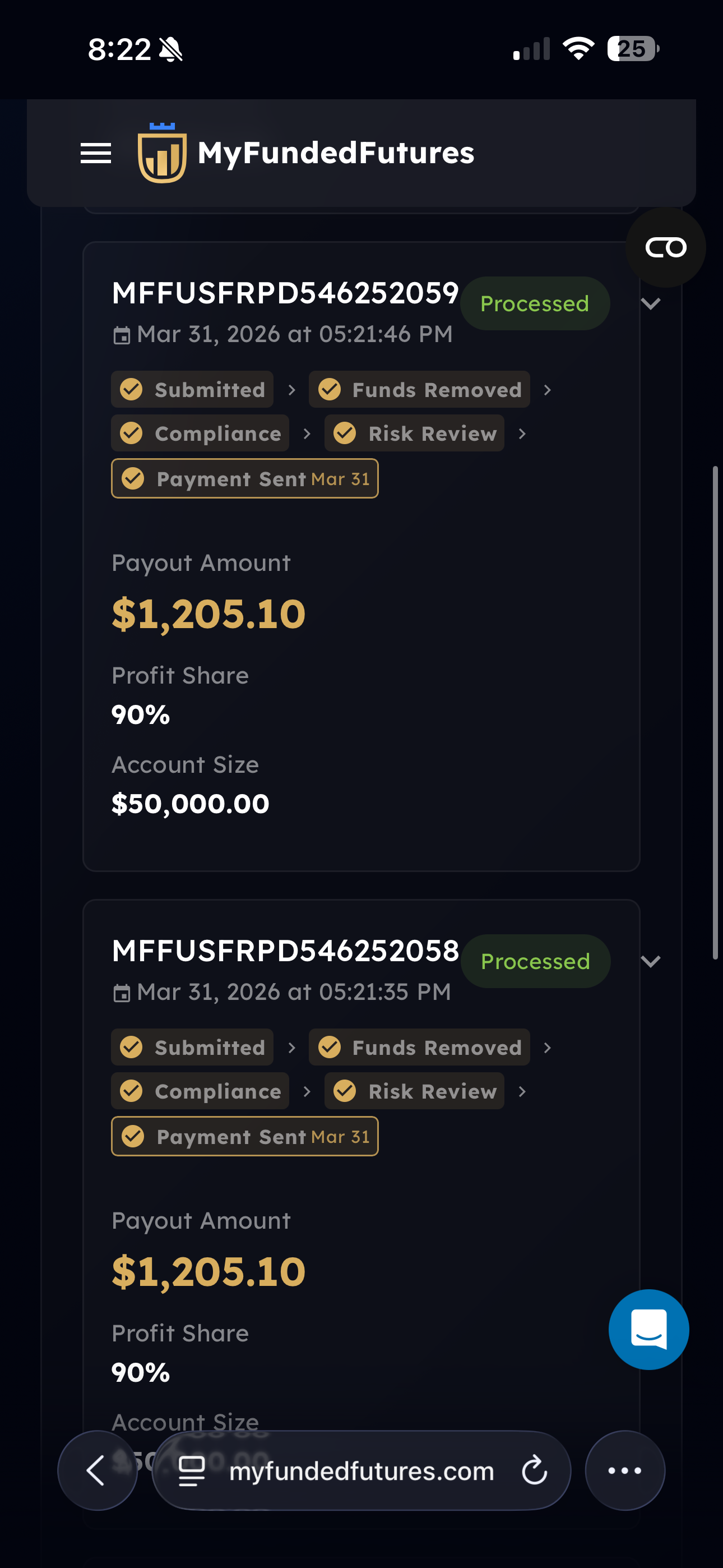 MFF mobile app — two $1,205.10 processed payouts on Mar 31, 2026.