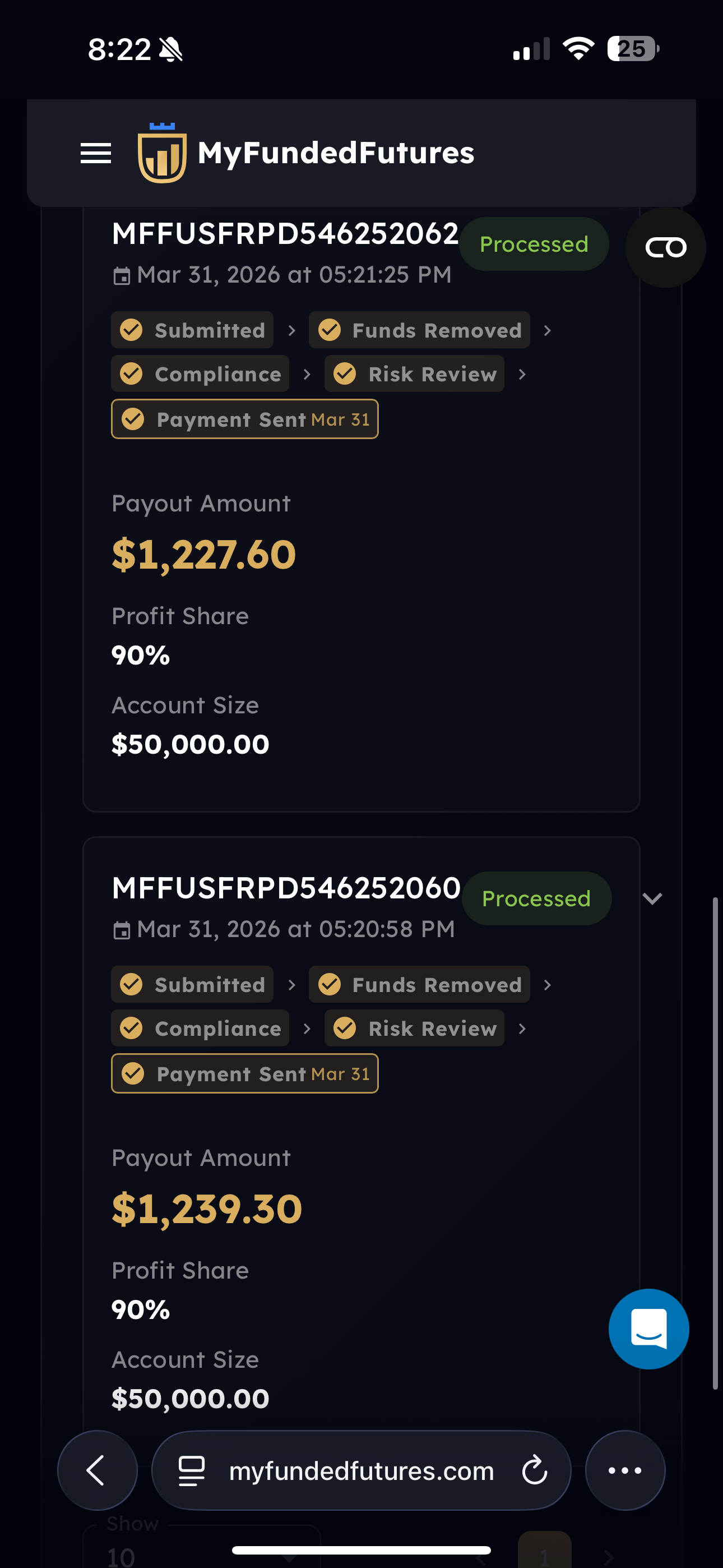 MFF mobile app — $1,227.60 and $1,239.30 processed payouts on Mar 31, 2026.
