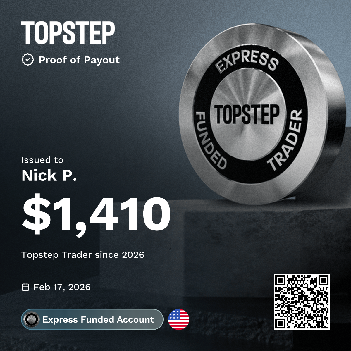 Topstep proof-of-payout certificate — $1,410 to Nick P., Feb 17, 2026.